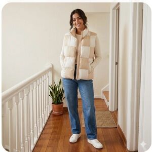 Wild Fable Checkerboard Puffer Vest XXL - Neutral Beige & White